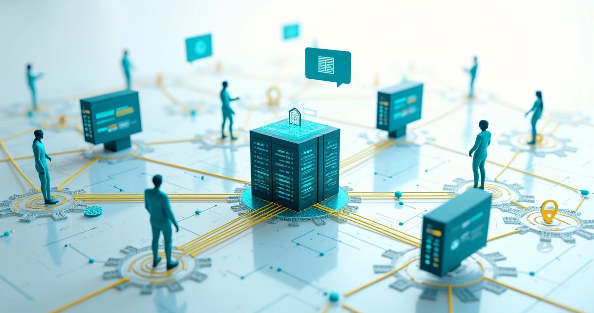 Fluxos digitais de automação TI com ícones de chatbots, engrenagens e pessoas conectadas. 