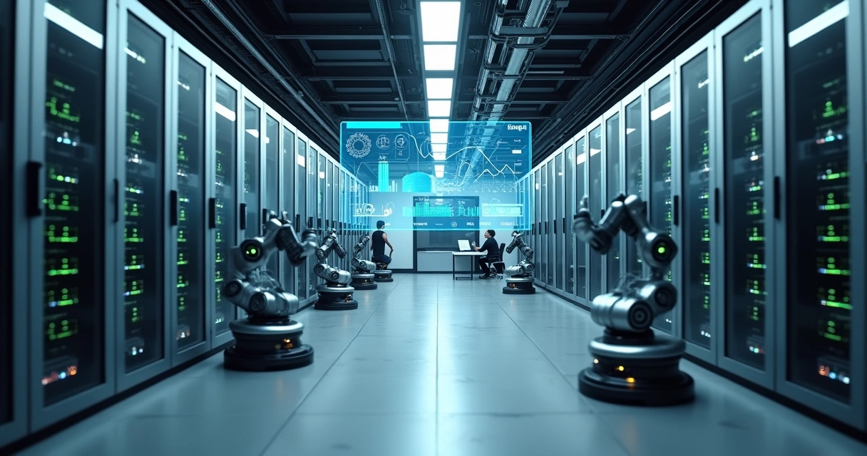 Servidores e braços robóticos automatizando tarefas em data center moderno 