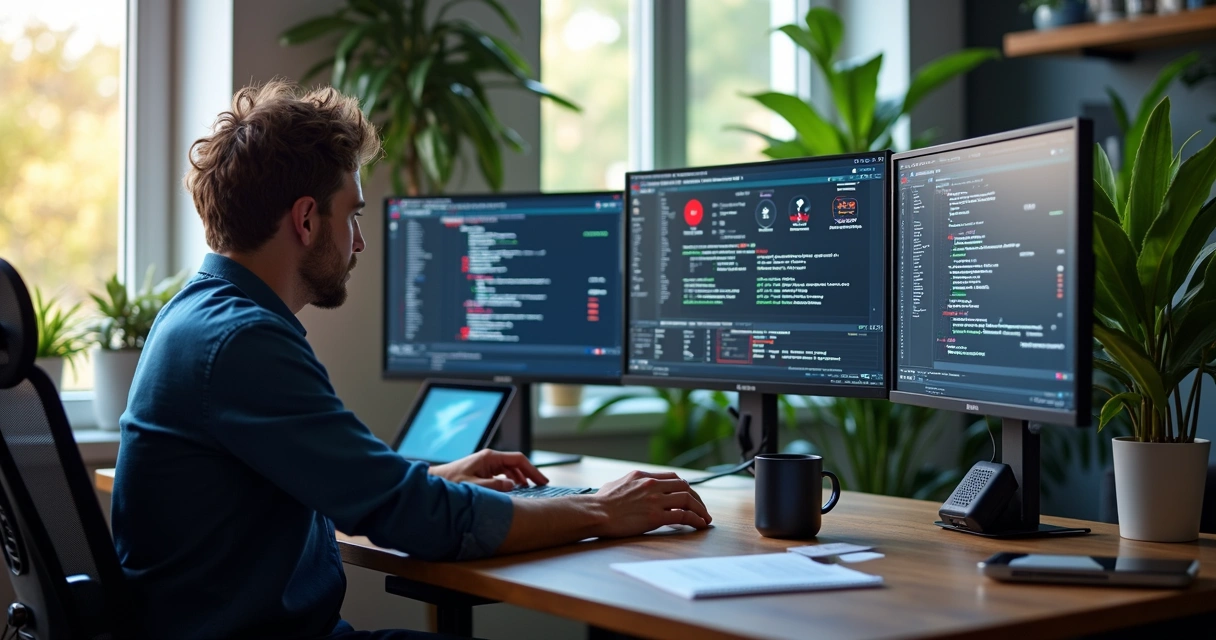 Pessoa em home office diante de laptop com telas mostrando fluxos de automação e alertas de erro 