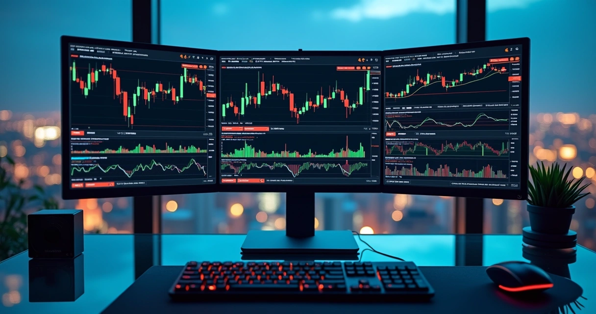 Tela de computador mostrando gráficos de criptomoedas com indicadores e bots de trading operando automaticamente 