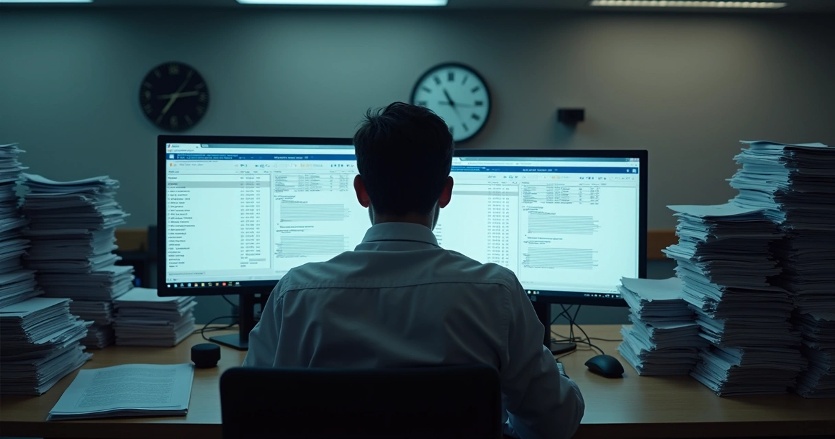 Funcionário analisando tarefas repetitivas em escritório corporativo 