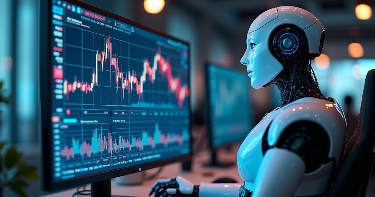 Computador mostrando gráficos financeiros complexos e código de algoritmos com robô investidor ao lado 