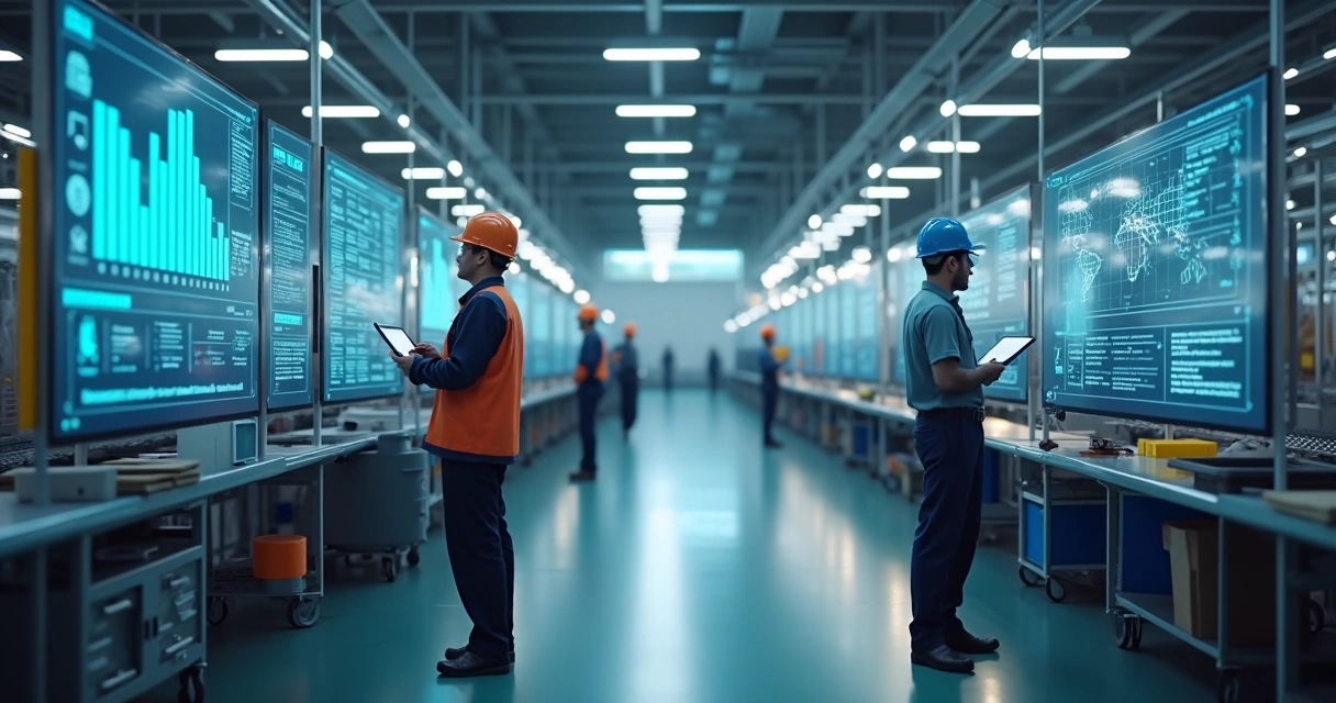 Linha de produção industrial com painel digital mostrando progresso dos treinamentos 