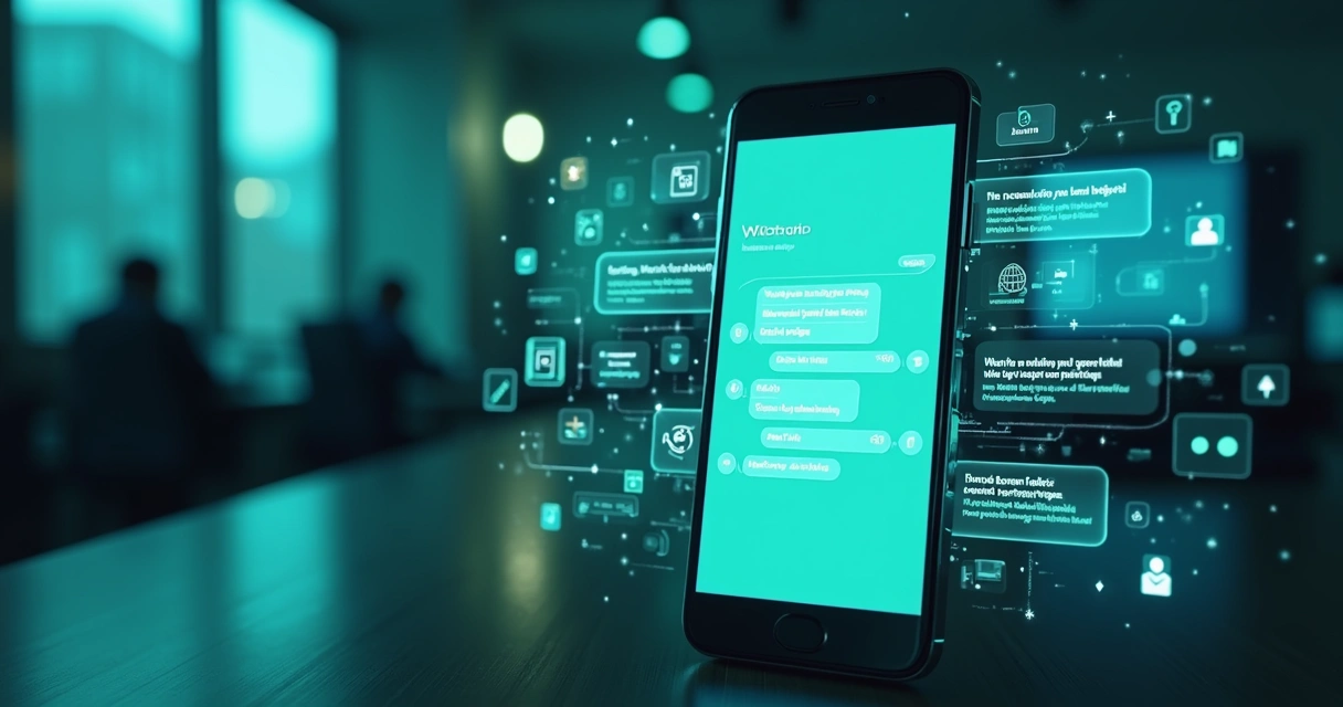 Interface de chatbot automatizado no WhatsApp filtrando leads com ícones digitais e elementos de inteligência artificial 