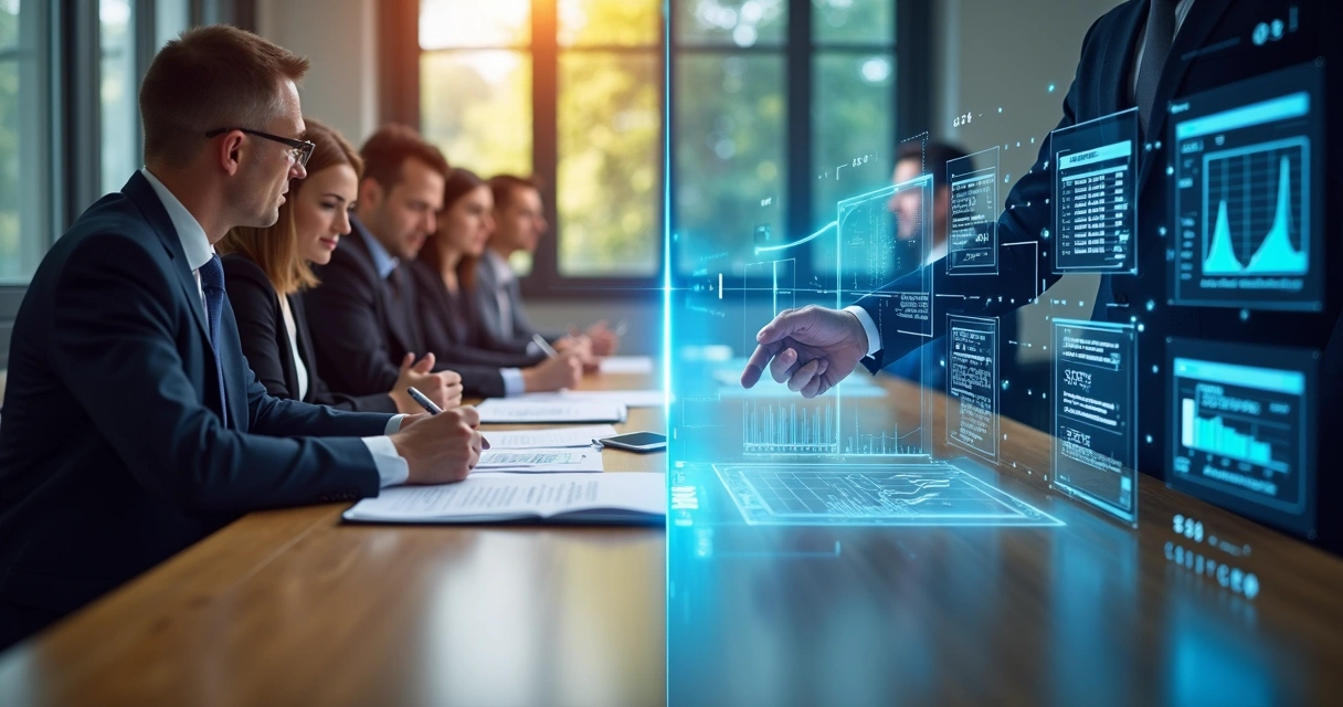 Mesa dividida ao meio com lado esquerdo mostrando advogados em reunião tradicional e lado direito tela digital de automação tributária 