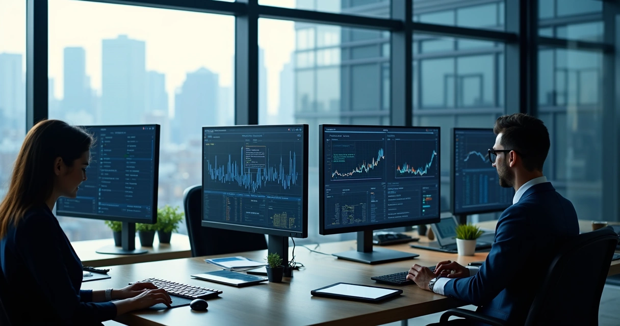 Escritório moderno com advogados tributaristas trabalhando em computadores com gráficos e dados fiscais na tela 