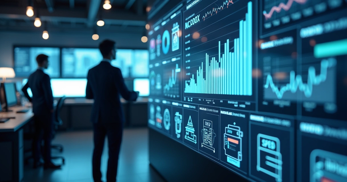 Painel digital com gráficos e dados fiscais processados por inteligência artificial em ambiente corporativo 