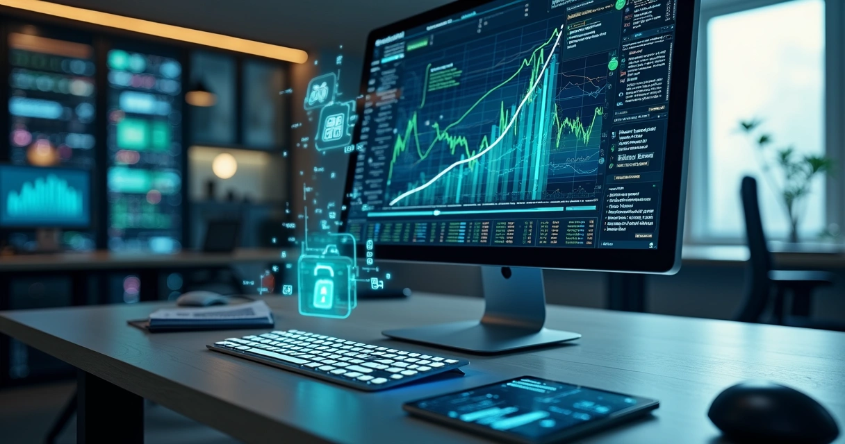 Interface computador com gráficos de dados tributários e códigos binários digitais 