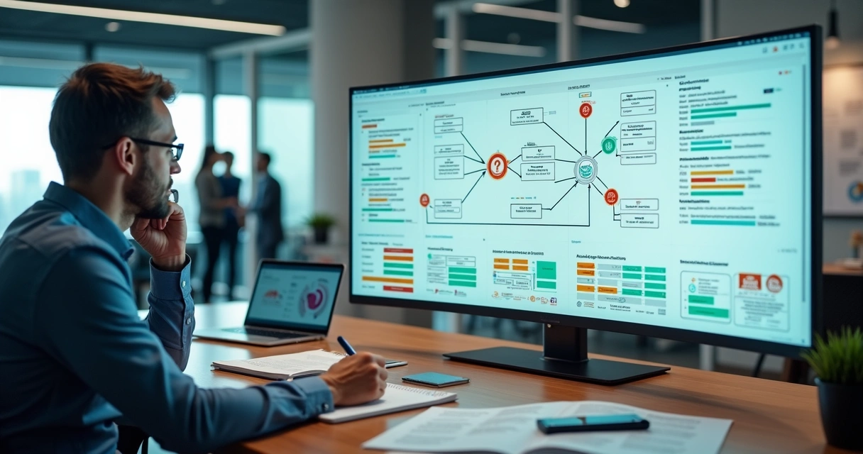 Gestor analisando painel de automações de vendas B2B em tela cheia de computador 