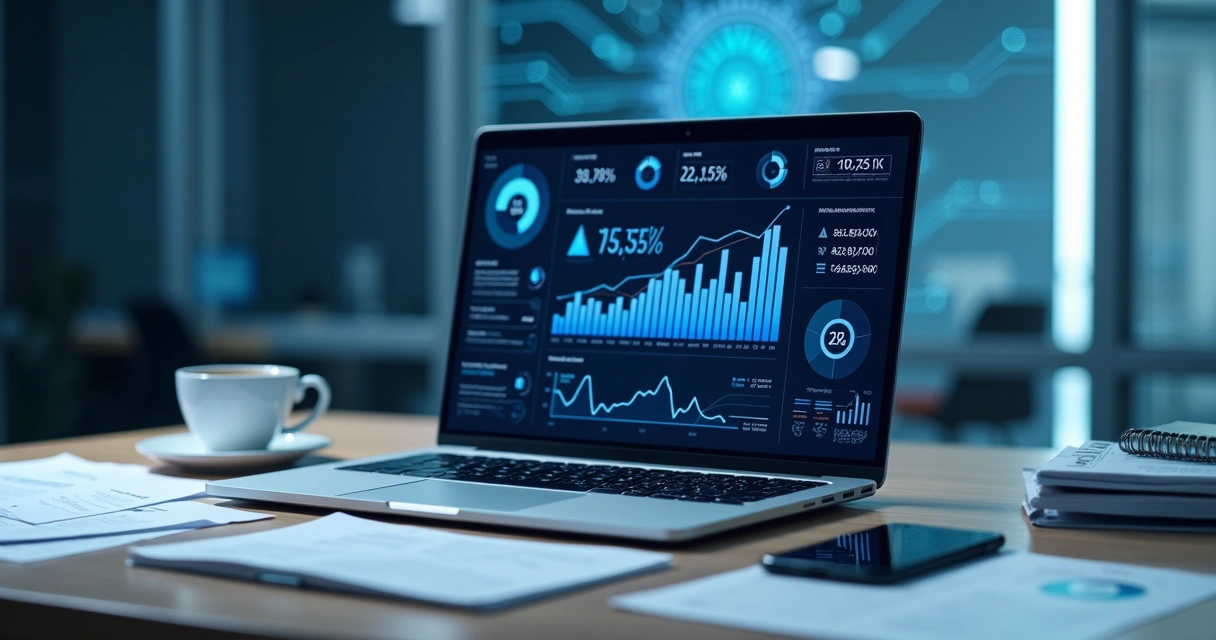 Mesa de trabalho moderna com notebook exibindo gráficos de vendas e inteligência artificial em fundo tecnológico azul 
