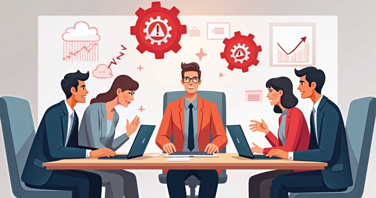 Ilustração flat corporativa mostrando pequenos empresários frustrados com erros em automação de vendas, gráficos caindo, engrenagens travadas e dispositivos digitais com alertas vermelhos 