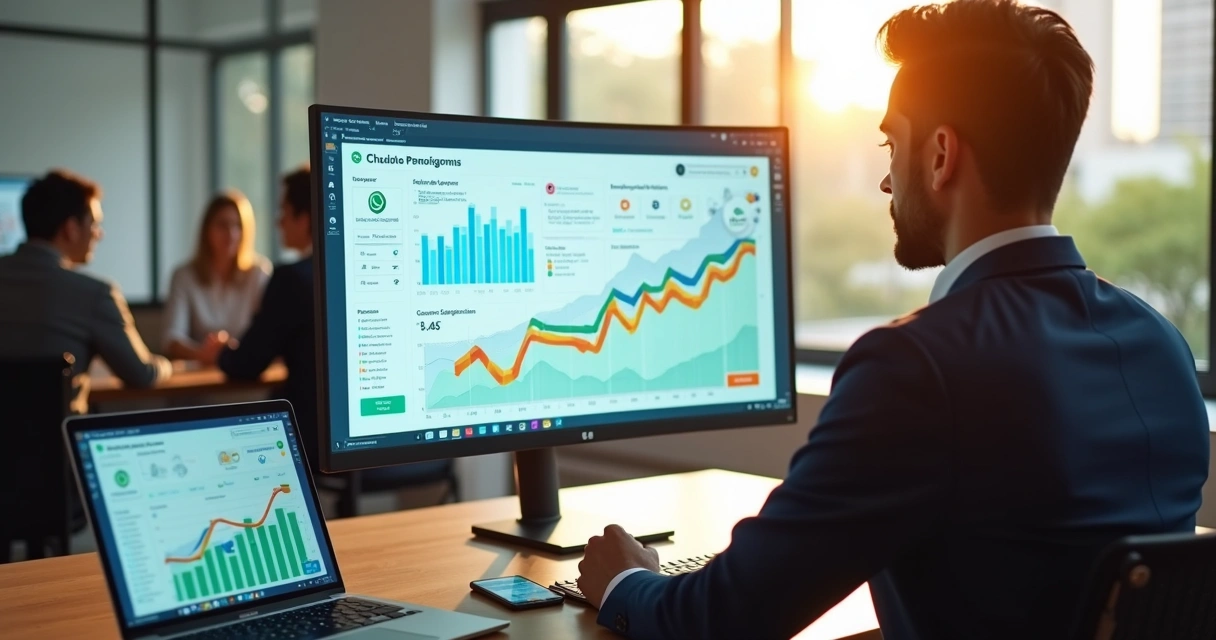 Gestor analisando painel de vendas automatizado com IA em escritório moderno 