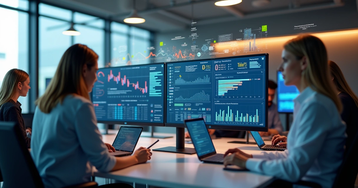 Equipe comercial trabalhando com automação de vendas usando inteligência artificial em computador e monitor com gráficos de vendas e funis digitais 