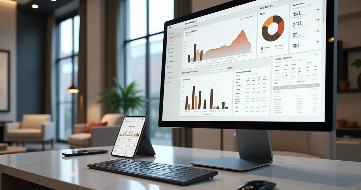 Assistente de inteligência artificial em tela com gráficos de vendas e agenda de visitas imobiliárias digitalizada 