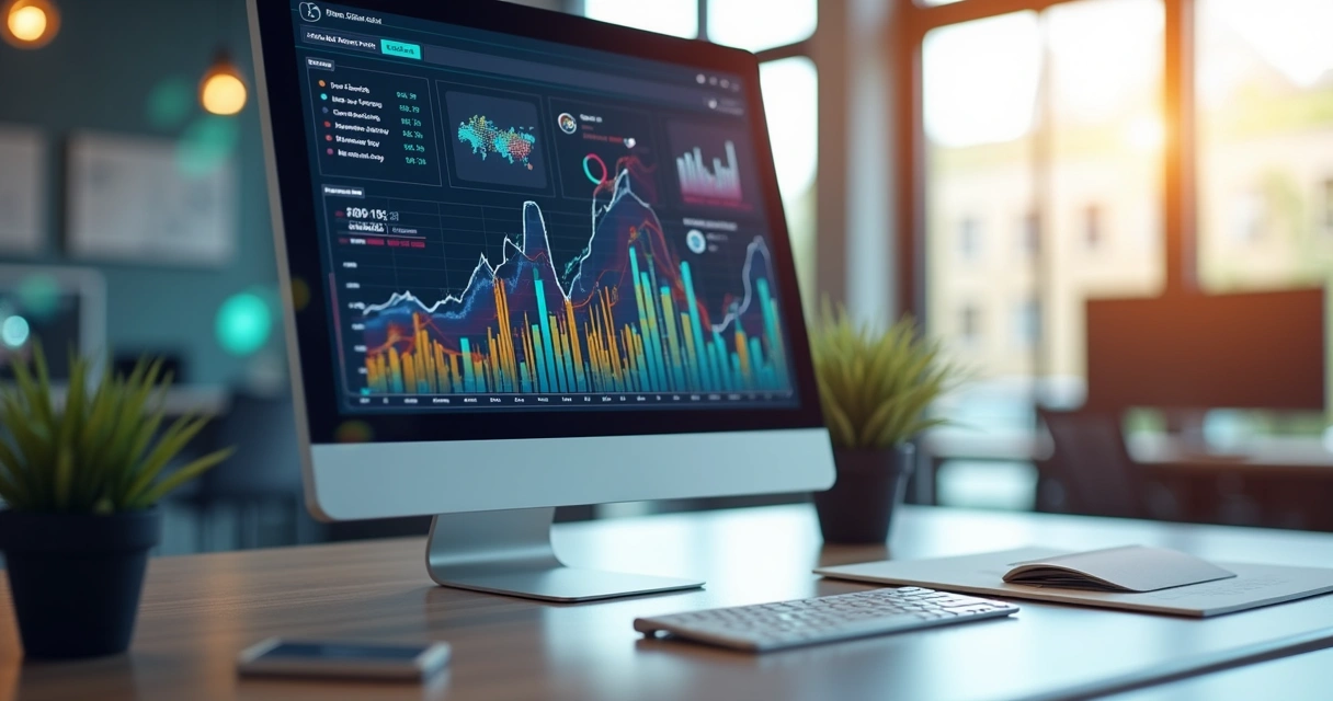 Computador exibindo painel de automação de vendas com gráficos, chatbot, e integração com CRM em ambiente de escritório moderno 