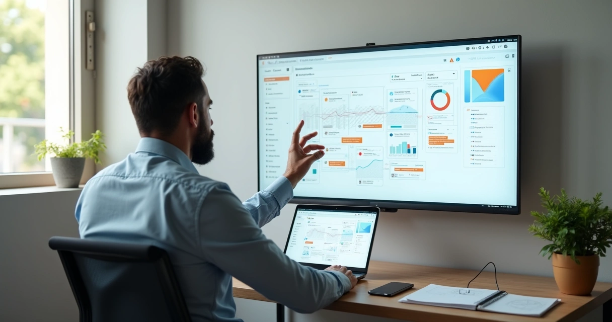 Dono de PME brasileiro ajustando painel de automações de vendas em tela grande 