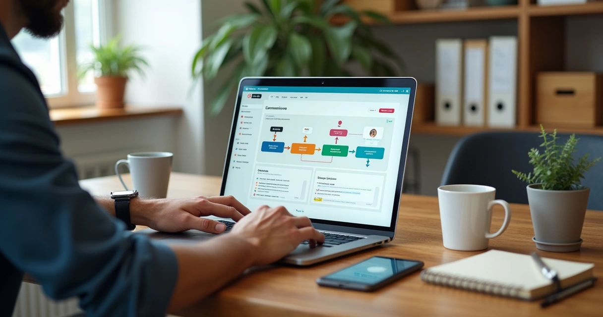 Empresário observa computador com fluxos de automação de vendas enquanto fala em videoconferência com cliente 