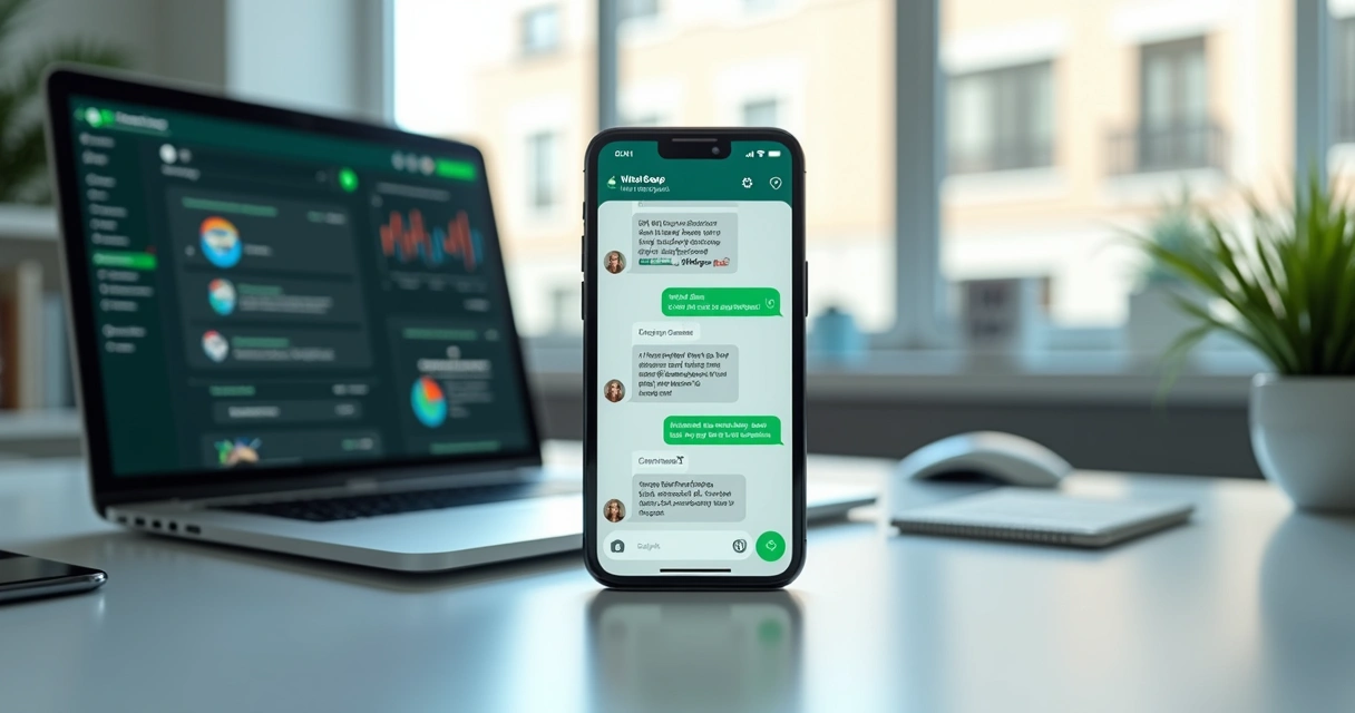 Celular com tela mostrando conversa automática de chatbot no WhatsApp em ambiente de trabalho moderno 