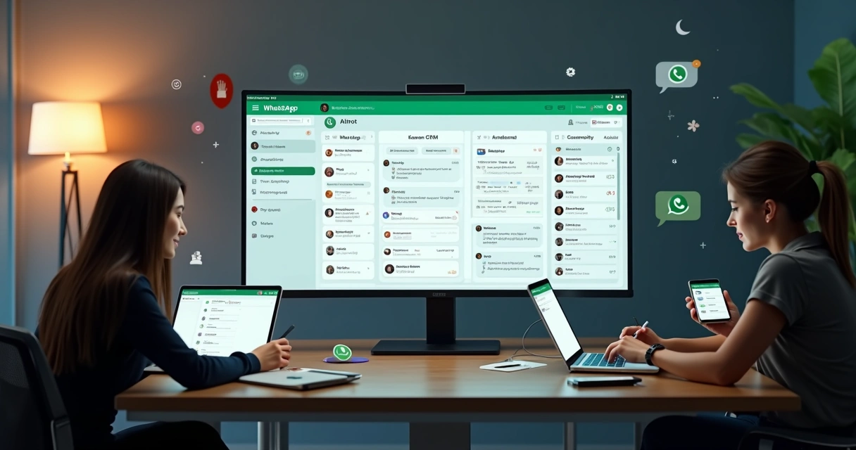 Tela de computador mostrando automação de vendas com chatbots no WhatsApp integrada a CRM Kanban, equipe atendendo com múltiplos dispositivos