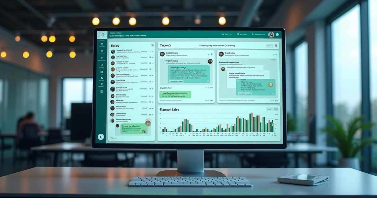 Tela de computador mostrando dashboard de automação de vendas com IA integrada ao WhatsApp e CRM Kanban