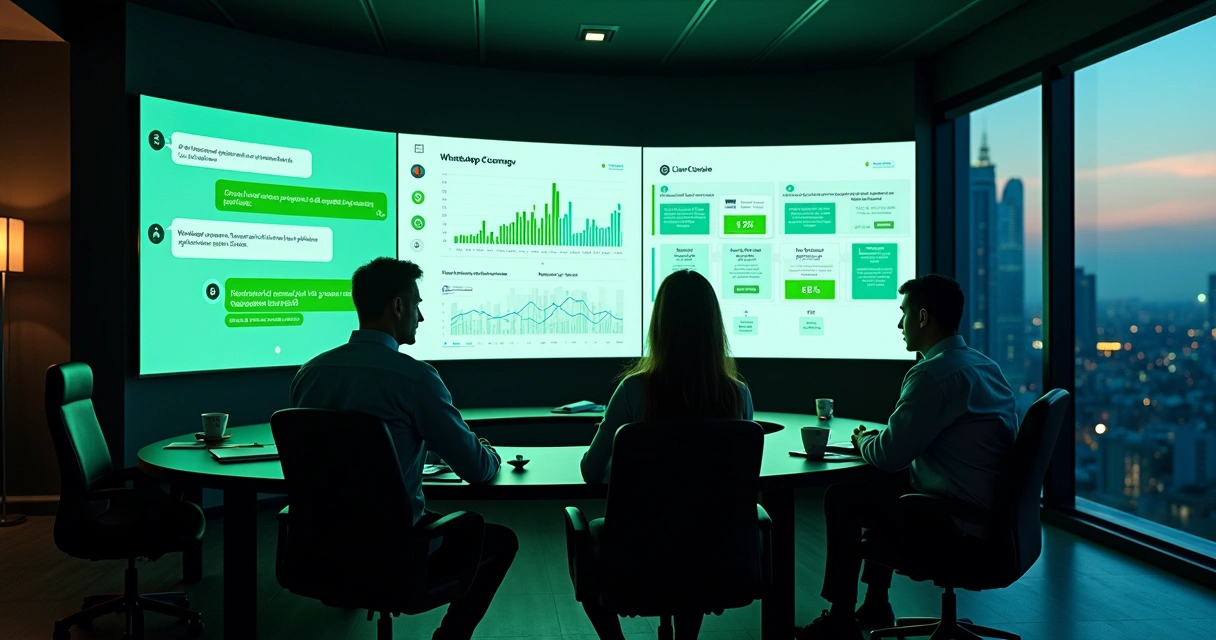 Time de marketing monitorando vendas no WhatsApp em várias telas digitais 