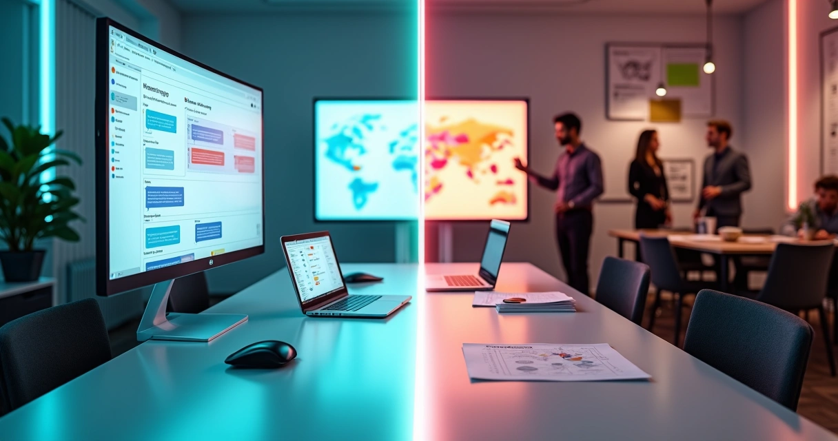 Comparação visual entre sistema de automação e consultoria digital em um escritório moderno 