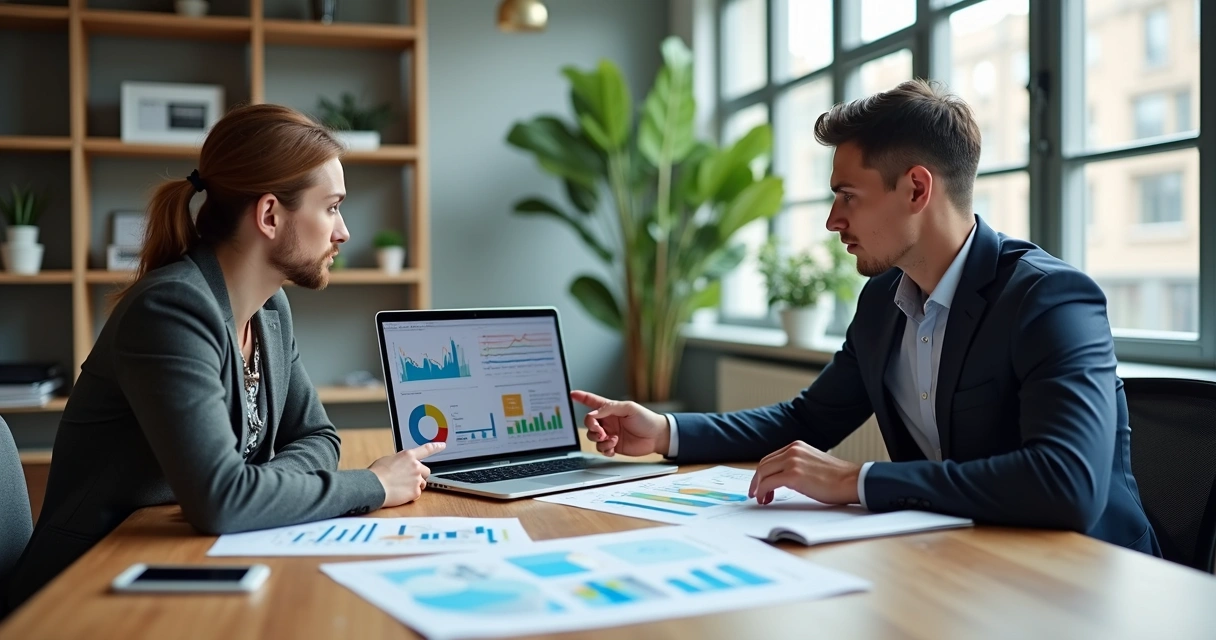 Mesa de reunião com laptop aberto mostrando gráficos digitais e duas pessoas discutindo documentos, ambiente de escritório moderno com luz natural 