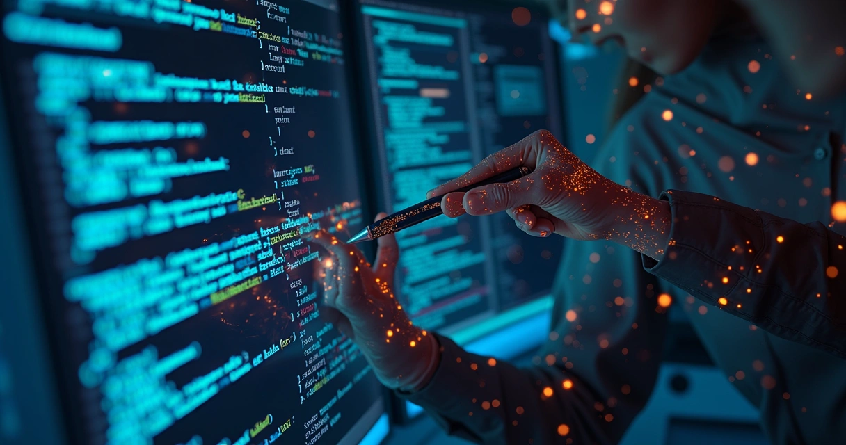 Computador mostrando automação de processos de um lado e desenvolvimento manual do outro lado, com gráficos e códigos na tela 