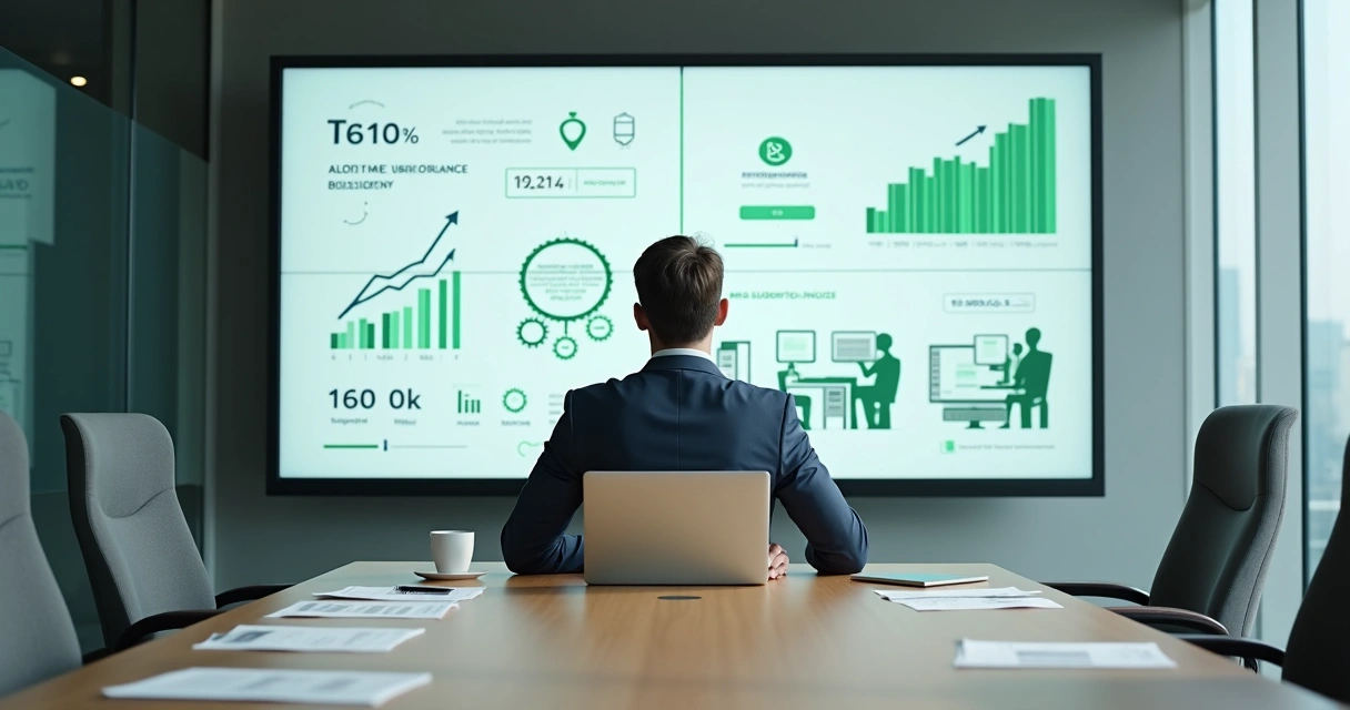 Executivo avaliando painel comparando automação de cobrança e equipe humana 