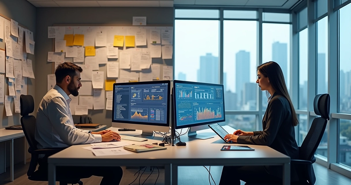 Comparação visual entre automação com IA e gestão manual em uma imobiliária moderna 