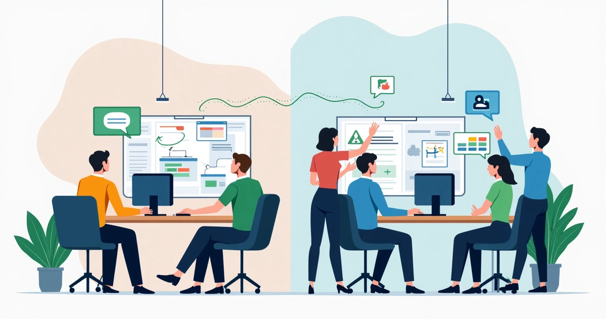 Comparação visual de equipe técnica customizando e outra equipe usando plataforma de automação pronta para WhatsApp 