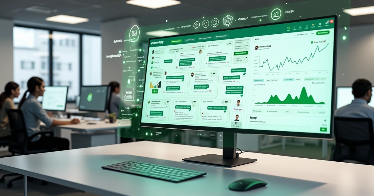 Painel de atendimento com múltiplos chats de WhatsApp e gráficos de desempenho em tempo real 