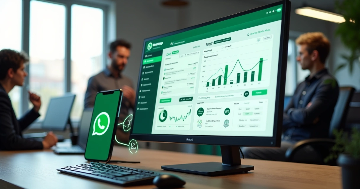 Dashboard de automação empresarial integrado ao WhatsApp em tela de computador 