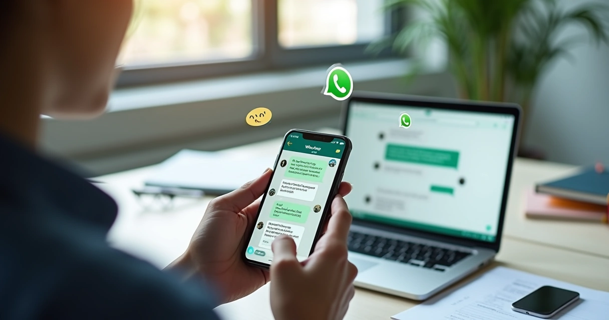 Pessoa usando smartphone com tela mostrando chat de WhatsApp automatizado, interface gráfica com chatbot, ícones de integração com CRM Kanban e agendamento de mensagens, em ambiente moderno de escritório com múltiplos dispositivos ao redor 