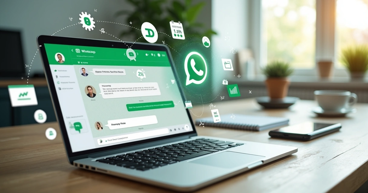 Tela de WhatsApp com chatbot e ícones de automação de atendimento e vendas 