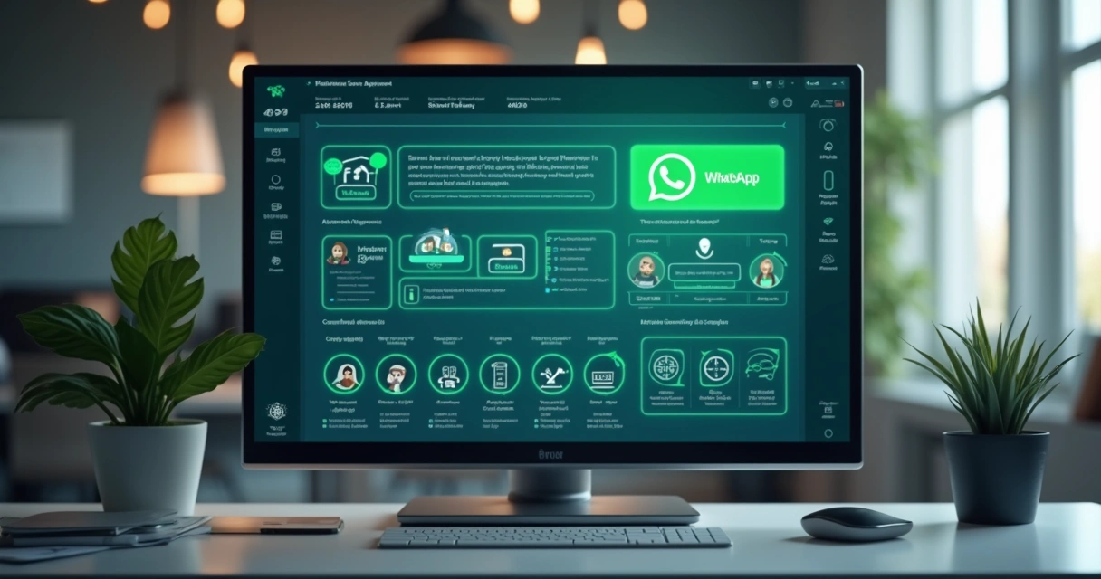 Painel de computador mostrando automação de mensagens no WhatsApp 