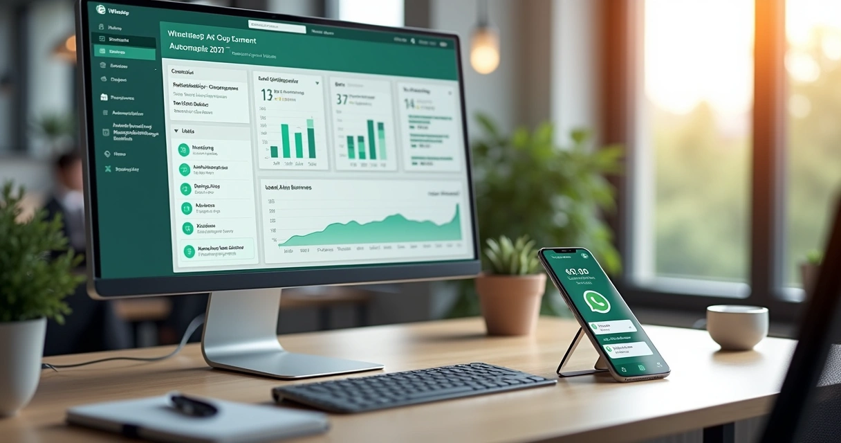 Tela de computador mostrando dashboard de automação integrada ao WhatsApp Business para vendas B2B 