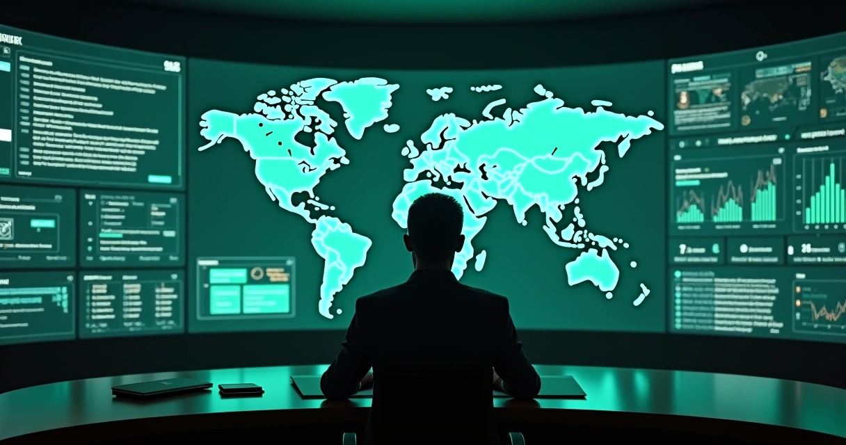 Gestor analisando automação de WhatsApp Business em grandes painéis digitais 