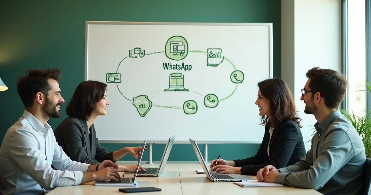 Equipe planejando campanha de WhatsApp no escritório 