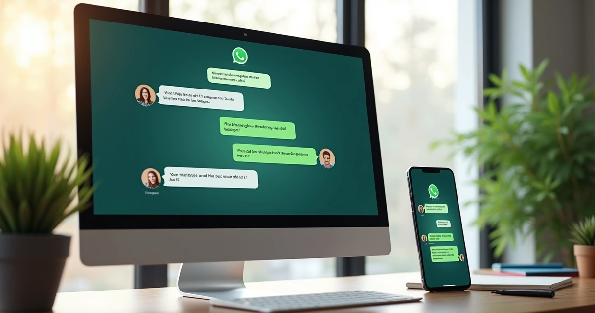 Computador e smartphone exibindo tela com chatbots de atendimento automatizado no WhatsApp, ambiente de escritório moderno 