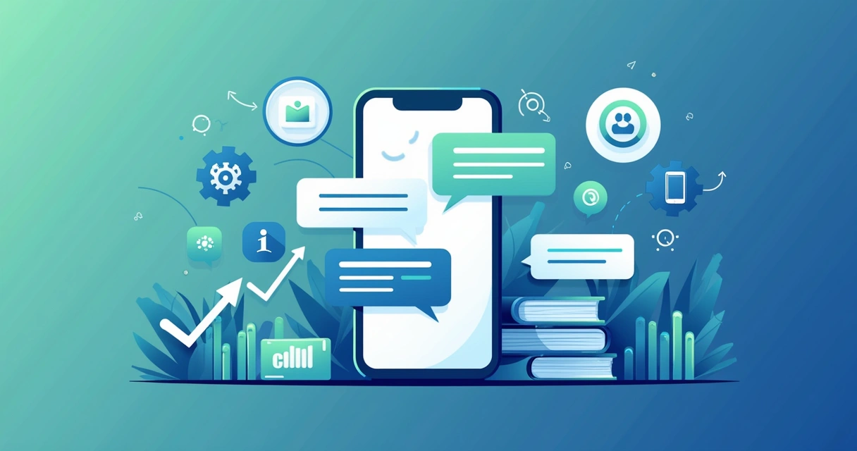 Ilustração flat corporativa mostrando integração de chatbots no WhatsApp com fluxos de conversa automáticos e gráficos de performance ao fundo 