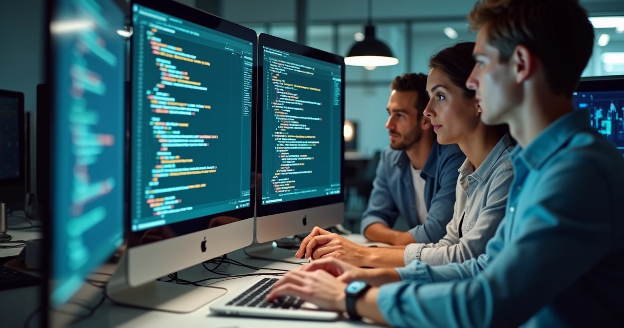 Equipe de TI reunida integrando WhatsApp ao CRM em ambiente moderno 