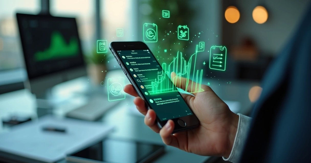 Tela de smartphone mostrando conversa automatizada no WhatsApp para atendimento em e-commerce, com gráficos de vendas e ícones de chatbot ao redor 