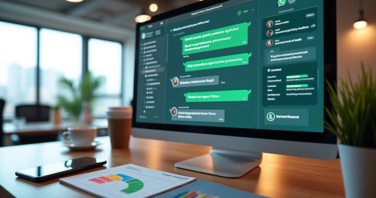 Tela de computador mostrando painel de automação de atendimento via WhatsApp com gráficos e mensagens automáticas