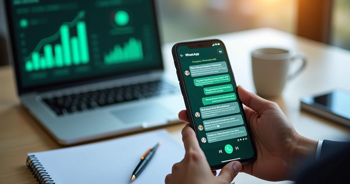 Tela de smartphone exibindo interface do WhatsApp Business com chat automatizado e gráficos ao fundo 