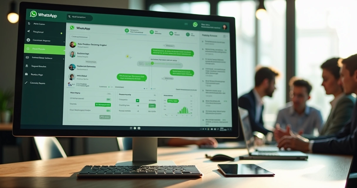 Dashboard de automação de WhatsApp empresarial exibindo funil de vendas e chatbot em tela de computador 