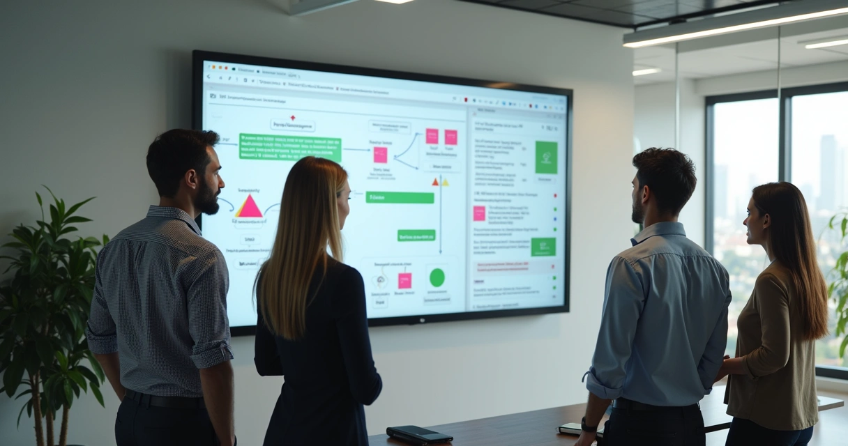 Equipe de trabalho analisando fluxo de mensagens em telão