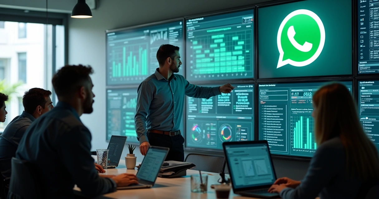 Equipe de tecnologia analisando dashboards de automação WhatsApp em grandes telas