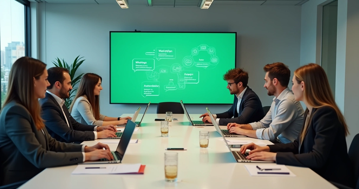 Equipe de atendimento de vendas discutindo automação de WhatsApp em frente a computadores 