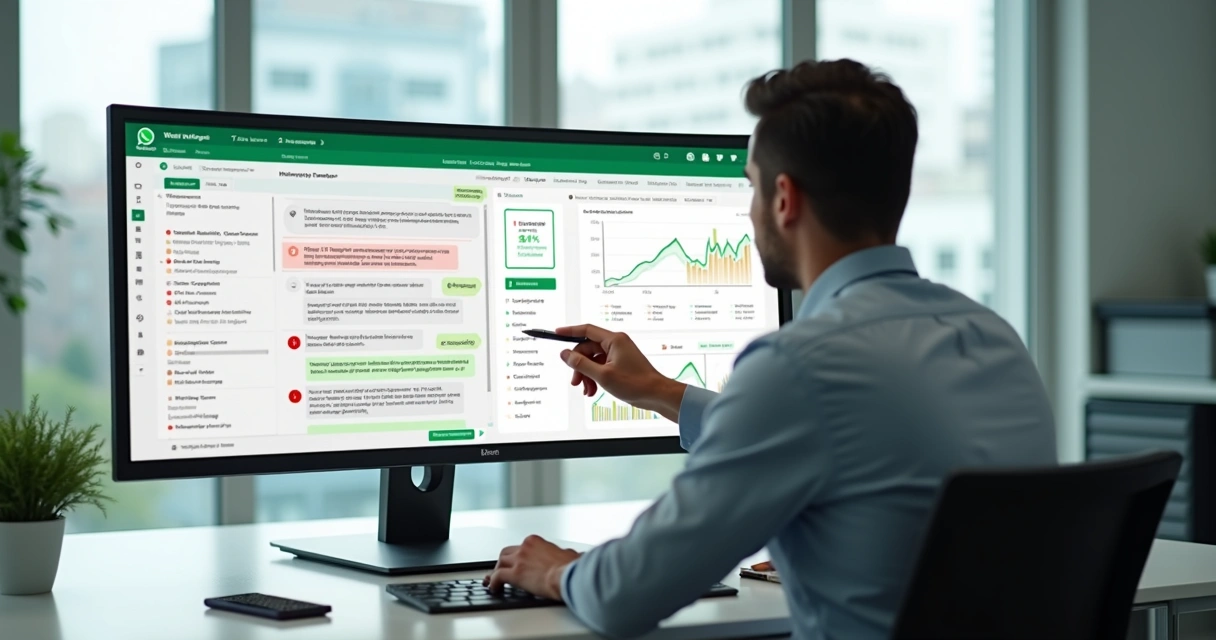 Gestor analisando automação de WhatsApp com alertas de erro na tela 